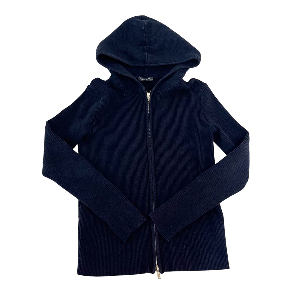 Brandy Melville Navy Blue Ribbed Knit Full Zip Hoodie Sweater‎ Preppy - One Size
